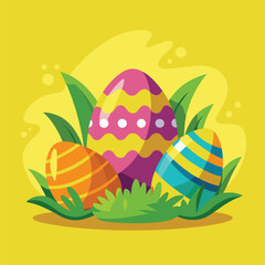 Colorful Easter eggs in grass on a yellow background.