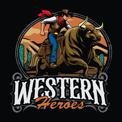 Rodeo Western Cowboy Riding Buffalo Bull in Vintage Vector Illustration for poster, flyer, social media, web pages, print media, greeting card, invitation, banner, t-shirt design