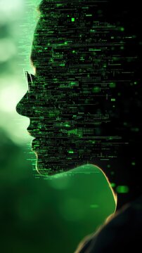 Profile silhouette with digital green patterns and binary code on a soft background.