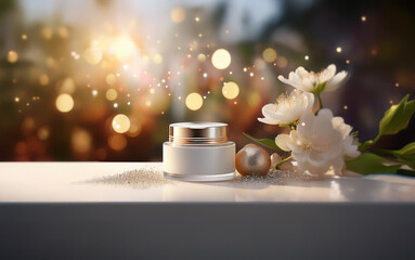 A white jar of cream with a gold lid sits on a white surface, surrounded by white blossoms and golden beads, with a blurred background of sunlight and bokeh.