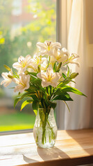 A bouquet of fresh Easter lilies in a vase on a wooden