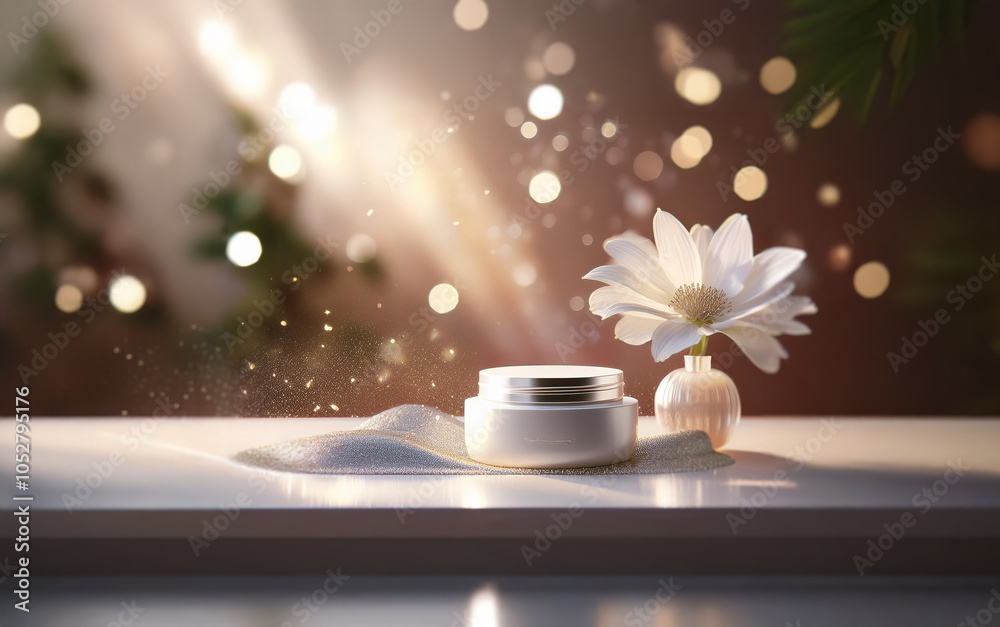 Aufkleber a white cream jar sits on a white surface with a white flower in a vase next to it. the background i