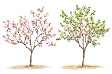 Obraz premium Two stylized trees, one blossoming with pink flowers and the other lush with green leaves, illustrating the beauty of seasonal change.