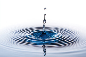 A water drop ripples in vivid blue water, creating concentric circles and reflections in a captivating display of fluid dynamics.
