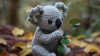 A cozy crocheted koala, clutching its cherished eucalyptus leaves, rests peacefully, showcasing a gentle design that embodies warmth, nature, and meticulous artistry.