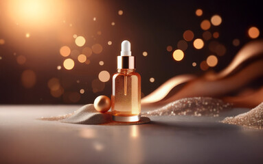 Naklejka premium A glass bottle of amber liquid with a dropper rests on white sand and a golden sphere with a golden cloth draped behind it. The background is a dark brown with warm, blurred lights.