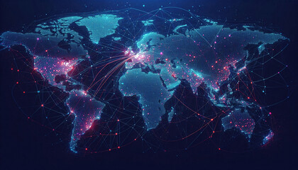 A world map made of dots and lines, connecting cities across the globe, with blue-colored lines on the left side and purple-red dots on the right side. Generative AI.