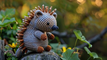 Fototapeta premium A charming handcrafted hedgehog toy crafted with crochet, featuring soft grey and brown yarns with intricate detailing, sitting on a rock amidst greenery.