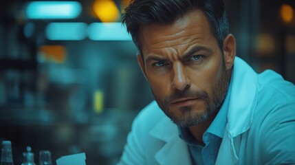 Fototapeta premium Close-up Portrait of a Serious Man in a Lab Coat