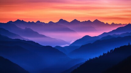 Fototapeta premium Serene mountain landscape at sunset with vibrant colors.
