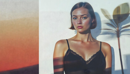 Fototapeta premium Beautiful model with clean skin and short hair in double exposure minimal effect - aesethic photo