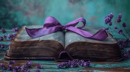 Open Bible with Purple Ribbon on Wooden Table for Devotional Reflection