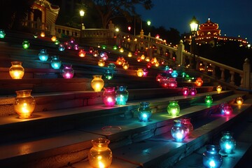 A staircase is lit up with many colorful candles