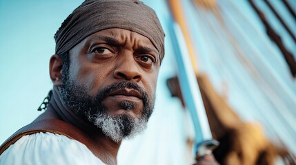 A close-up portrait of a man with a beard wearing a bandana, looking intently towards the camera.