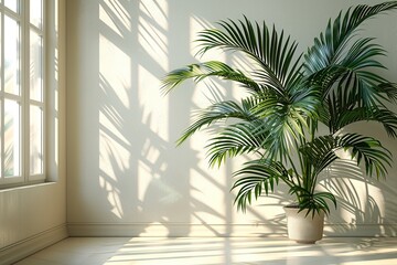 Fototapeta premium A serene indoor space featuring a lush plant and soft sunlight casting shadows.