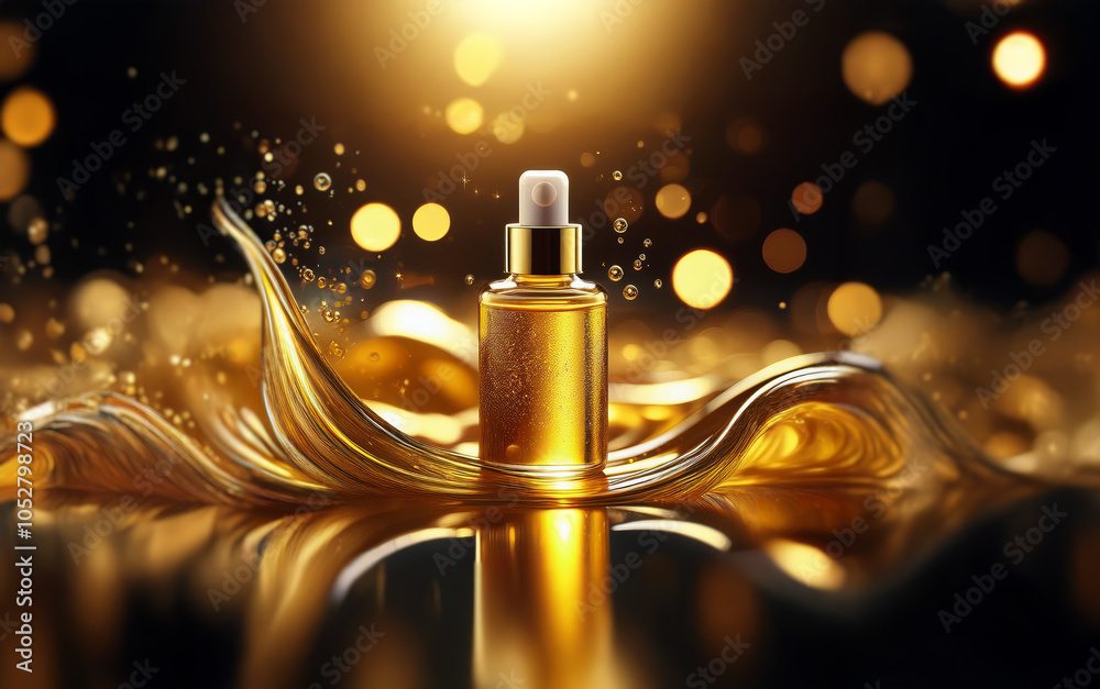 Poster a glass bottle of golden serum sits on a wave of shimmering liquid with a dark background and bokeh 