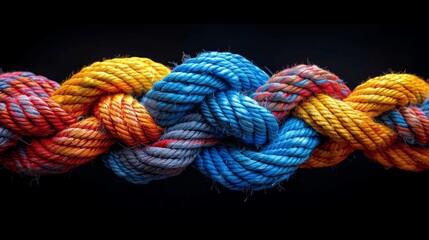 Colorful rope knot symbolizing strength trust relationship, creative poster banner design teamwork unity communication support diverse network integration cooperation empowerment