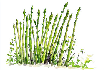Obraz premium A vibrant watercolor illustration of fresh asparagus stalks standing tall, showcasing their green hues and natural beauty.