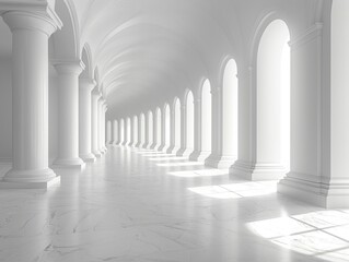 Obraz premium A serene, white corridor with arches and columns, illuminated by soft light.