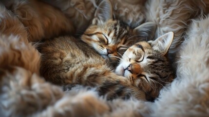 In this heartwarming image, two tabby kittens are snuggling together within a soft, furry embrace, conveying feelings of warmth, safety, and affectionate companionship.