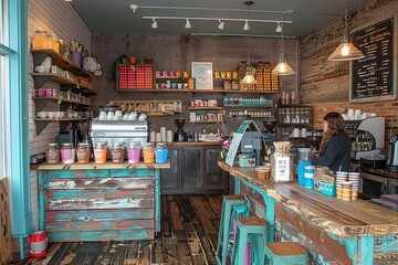 A coffee shop with a blue and white theme
