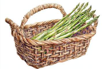 Obraz premium A woven basket contains fresh green asparagus stalks, showcasing a natural and organic appeal.