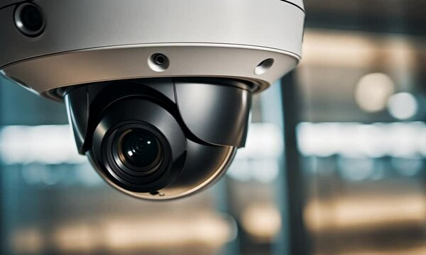 Close up of a security camera with a lens pointed towards the viewer, in a blurry background.