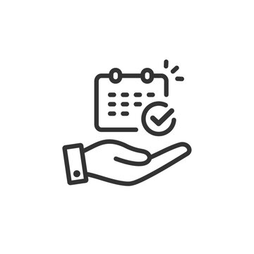 recommend clip art: 手のひらに乗せたカレンダーとチェックマークのベクターアイコン(線画・白黒)