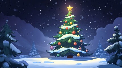 A beautifully lit Christmas tree stands in the snowy outdoors, adorned with vibrant, colorful ornaments, embodying the festive spirit and warmth of the holiday season.
