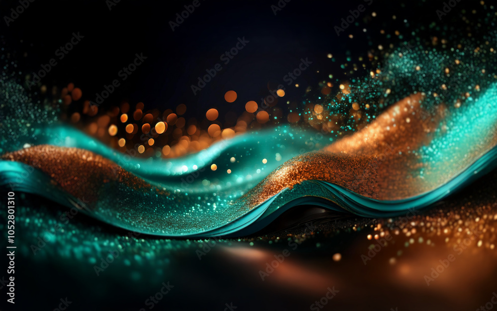 Poster abstract digital art with shimmering teal and gold waves against a black background, illuminated by 