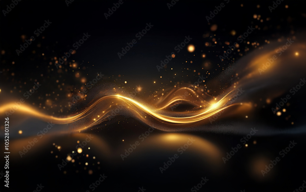 Poster An abstract, swirling golden light form moves across a black background with sparkling particles.