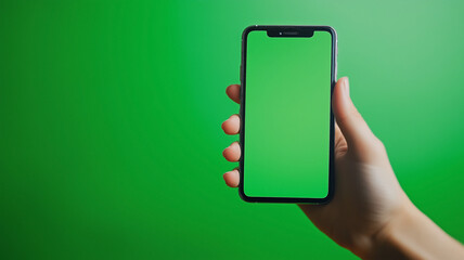 Hand holding smartphone in front of a chroma key green screen. The background is a chroma key green screen.