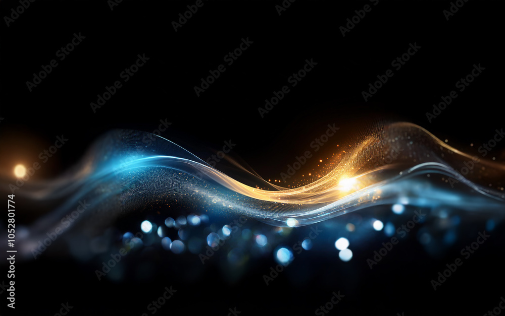 Poster abstract wave of blue and gold light with bokeh in the background.