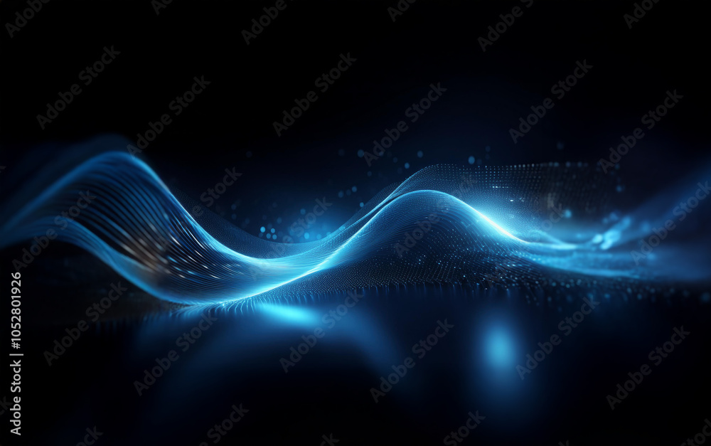 Poster a blue wave of light glows against a black background with a reflective surface.