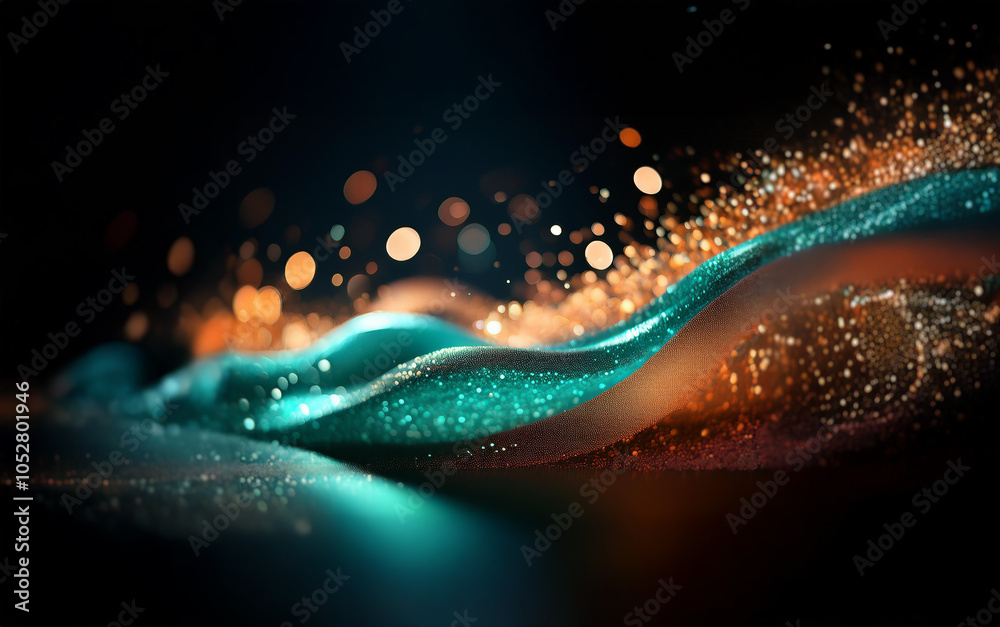 Aufkleber a shimmering blue wave of sparkling particles forms a ripple against a black background with warm, g