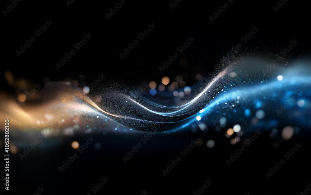 Poster A dark background with a wavy abstract pattern of light blue and gold glowing lines.  The glowing lines are set off by an out of focus background of tiny blue and gold glowing orbs.