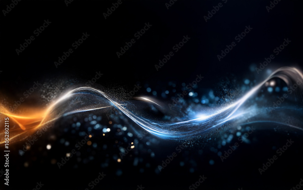 Aufkleber abstract background with flowing lines of orange and blue light on a dark background.