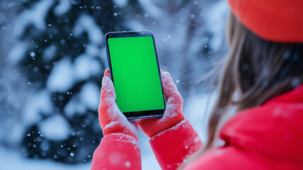 Young woman's gloved hands looking at smartphone ski app or messages while at a ski area in the winter where the phone screen is a chroma key green screen.