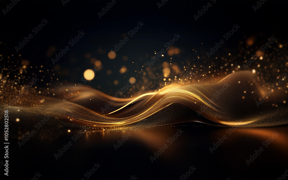 Leinwandbilder Abstract background with a glowing golden wave and sparkling particles on a black background.