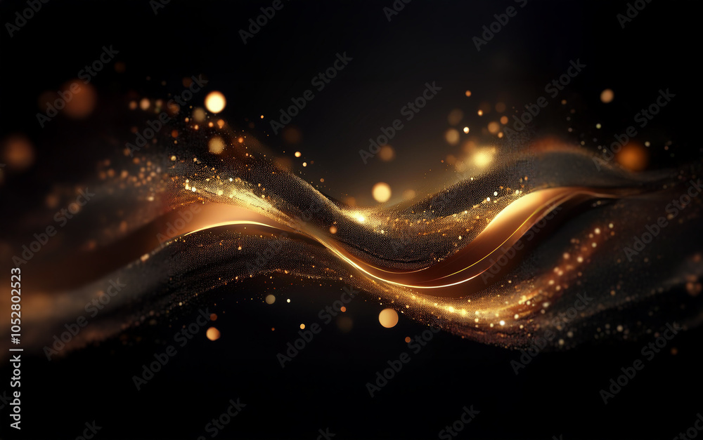 Aufkleber a wave of shimmering gold sparkles and dust on a black background.
