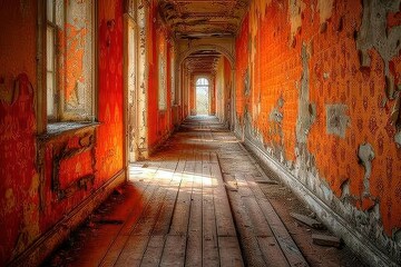 Obraz premium A long, narrow hallway with a red wall and wooden floors