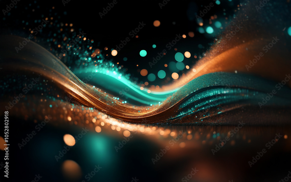 Poster abstract waves of teal and orange glow with light particles on a black background.