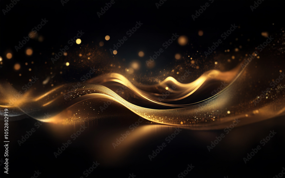Poster abstract glowing gold waves ripple across a black background, accented with sparkling particles and 