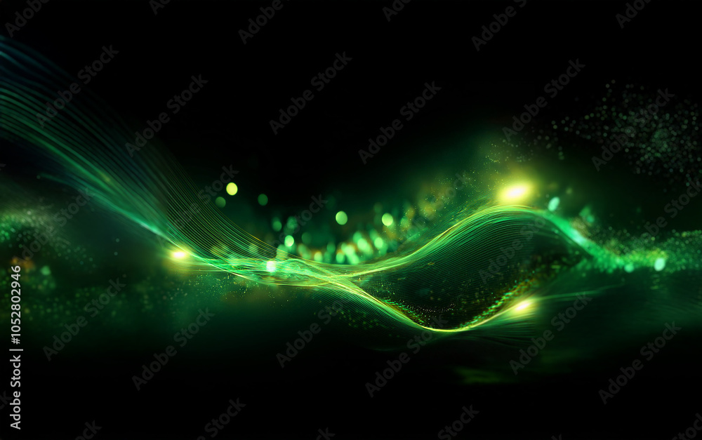 Fototapete a dark background with glowing green lines, swirling into abstract shapes with subtle bokeh lights.