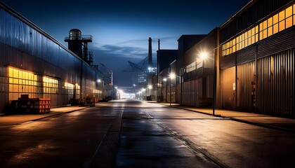  A quiet industrial area at night, with rows of silent factories and warehouses