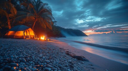 A peaceful camping spot along a serene beach at twilight. The bright campfire casts a warm glow on a tent, surrounded by smooth pebbles and gentle ocean waves.
