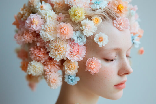 Young woman with head adorned in a crown of pastel flowers