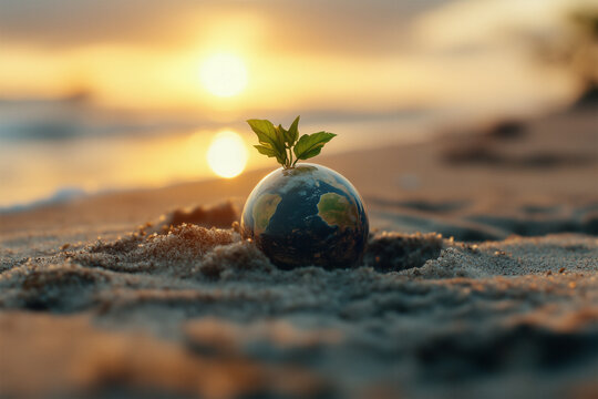 Young plant growing from a globe on sandy beach at sunset