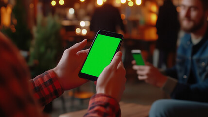 Caucasian man's hands holding smartphone exchanging numbers in a pub where the smart phone screen is a chroma key green screen.