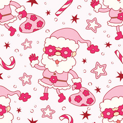 Seamless pattern cartoon of Pink santa claus flower, candy canes and stars glitter. Patterns related to Christmas party. Pattern design for fabric and wrapping paper, wallpaper and fashion prints.